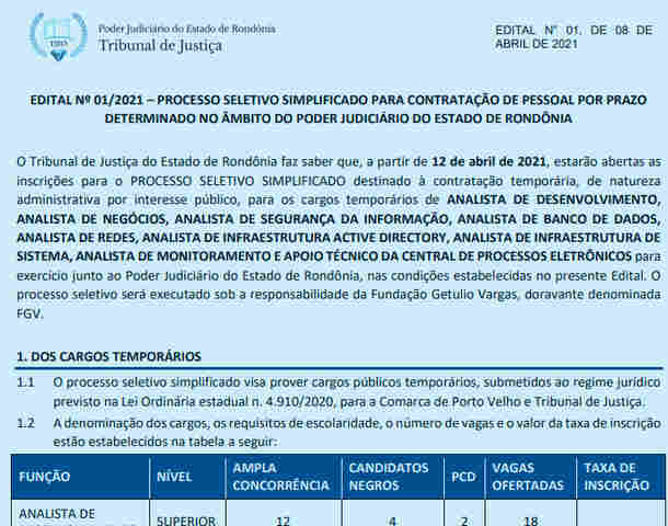 TJRO divulga edital de processo seletivo; confira