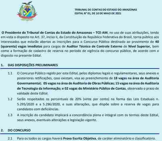 TCE do Amazonas abre concurso com salários iniciais de R$ 8,3 mil