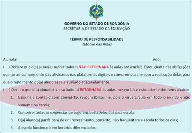 Na volta às aulas, pais terão que assinar documento isentando Estado, “pois vírus circula em todo o mundo”