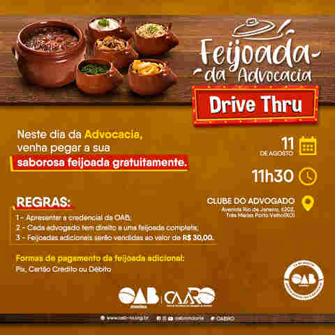 Feijoada “drive thru” em comemoração ao Dia da Advocacia acontece amanhã