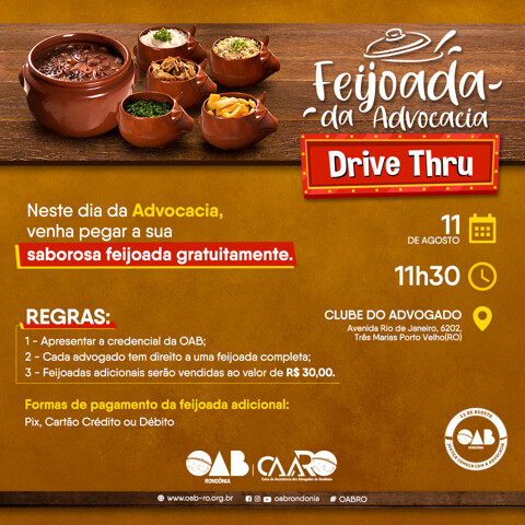 Feijoada “drive thru” em comemoração ao Dia da Advocacia acontece amanhã  