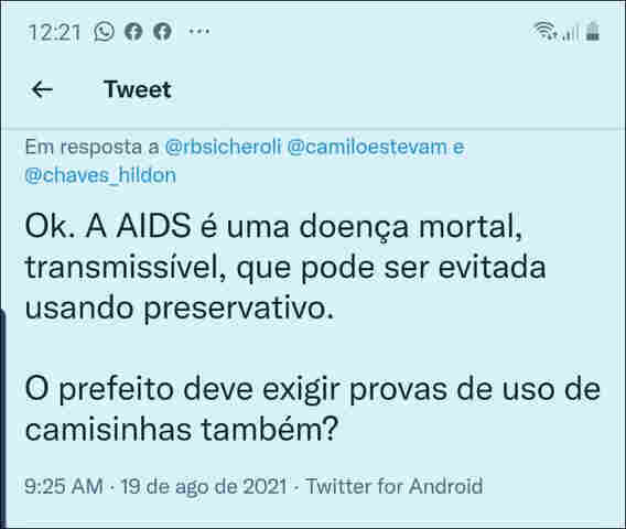 Nas redes sociais, internauta compara Covid com Aids, e critica decreto obrigando vacinação dos servidores