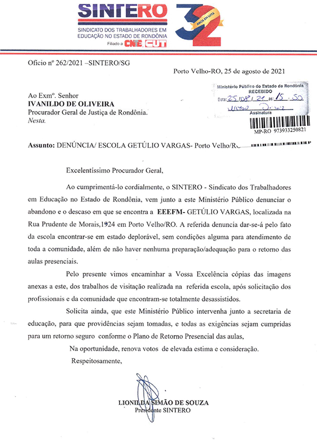 Sintero faz denúncia ao MP sobre abandono e condições precárias da Escola Getúlio Vargas