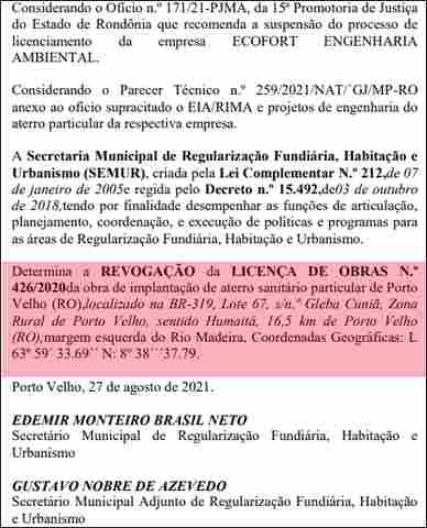 Semur cassa licença de construção do aterro sanitário de empresa do grupo Amazon Fort