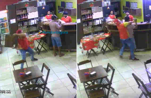 Vídeo: funcionário reage a assalto e ataca bandido com cadeirada durante roubo
