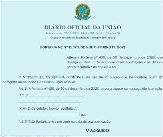 Órgãos públicos federais também não irão funcionar na véspera do feriado do dia 12