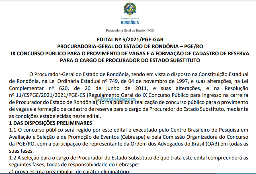 Sai edital para concurso de procurador na PGE de Rondônia com salário de R$ 24.166,51
