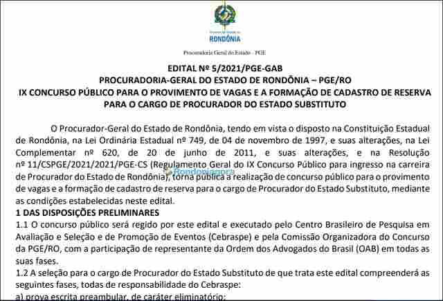 Sai edital para concurso de procurador na PGE de Rondônia com salário de R$ 24.166,51