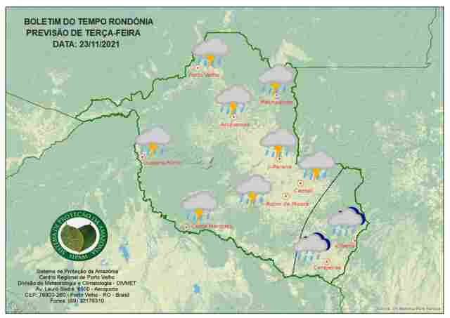 Sipam prevê tempo chuvoso em todo o estado nesta terça-feira