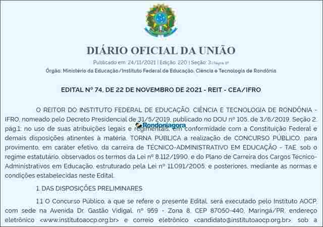 Confira: IFRO divulga editais de concursos para técnicos e professores com salários de até R$ 9.616,18