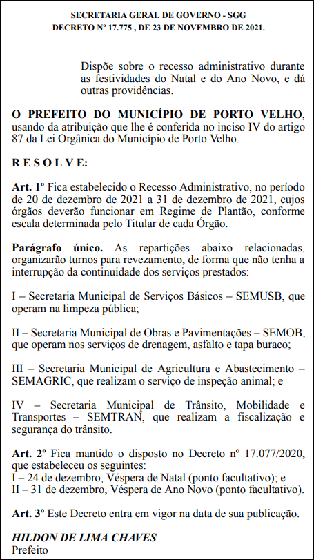Prefeitura entra em recesso e órgãos públicos passam a fazer plantão ou revezamento