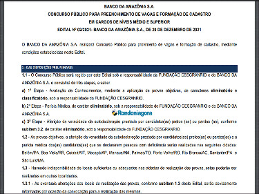 Confira edital do concurso do Banco da Amazônia com 219 vagas e salários de até R$ 3.490,88
