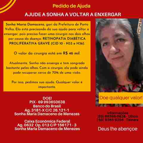 Servidora que perdeu a visão e tem sangramento nos olhos precisa de ajuda