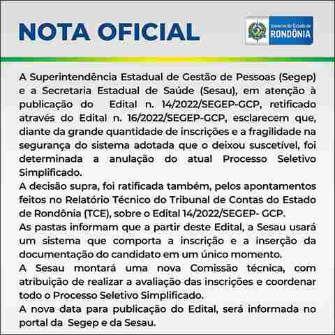 Governo anula seleção para contratação de profissionais para a Secretaria de Estado da Saúde