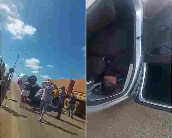 Carro capota após colisão com carreta, na capital