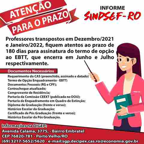 Sindsef alerta professores transpostos em dez/21 e jan/22 para a proximidade do final do prazo para opção a carreira de EBTT