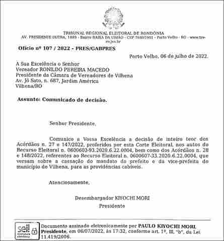 Presidente da Câmara de Vilhena é comunicado para tomar posse como prefeito interino