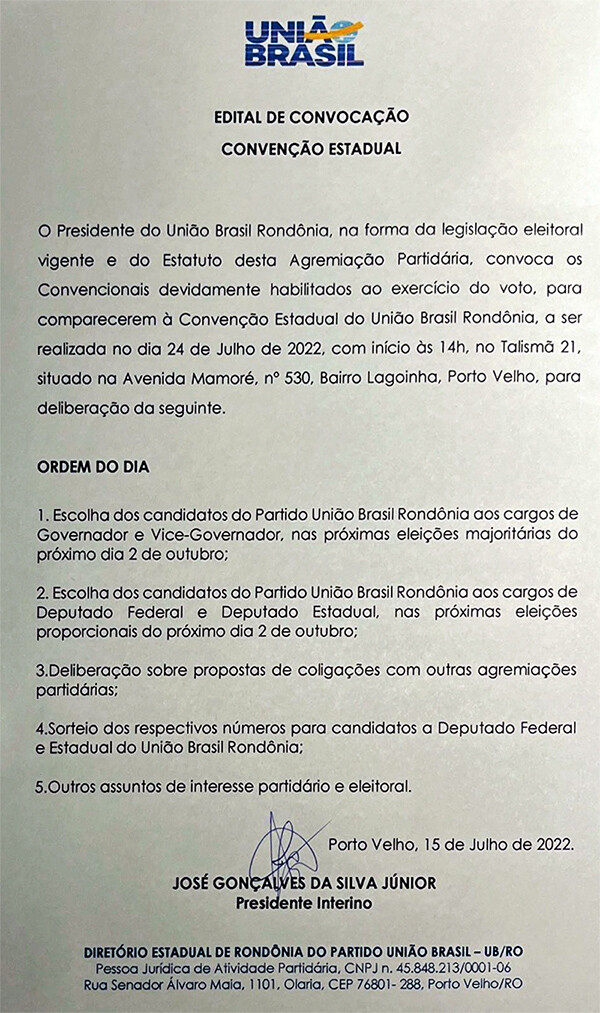 União Brasil em Rondônia antecipa convenção para o próximo dia 24 em Porto Velho