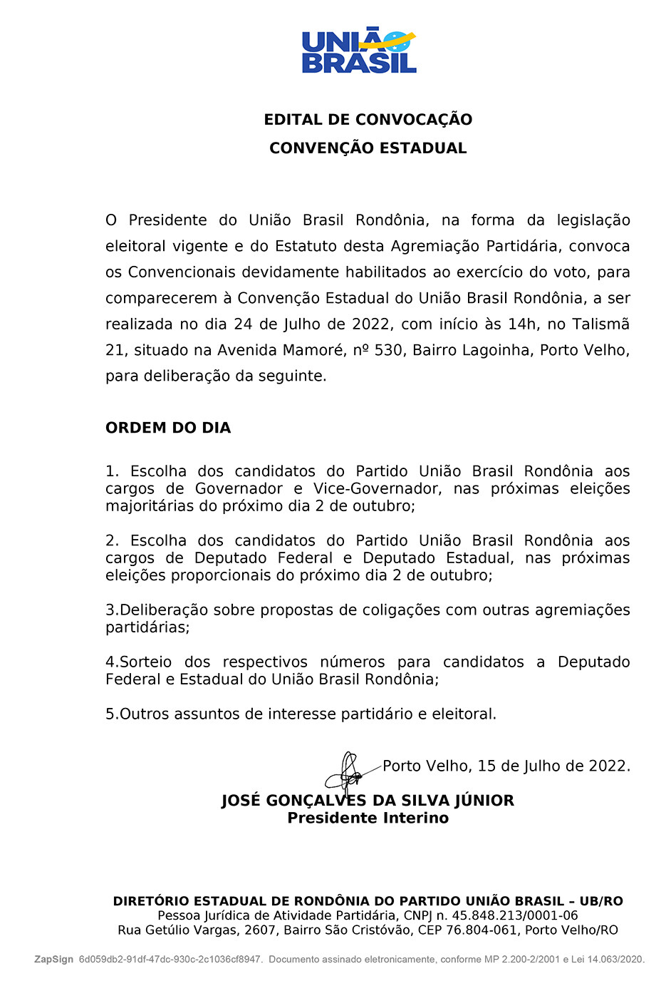 União Brasil Rondônia - Edital de Convenção Estadual 