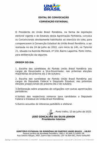 União Brasil Rondônia - Edital de Convenção Estadual