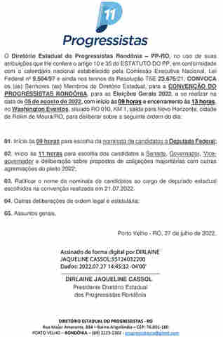 Diretório Estadual do Progressistas Rondônia - Edital de Convocação de Convenção para as Eleições Gerais 2022