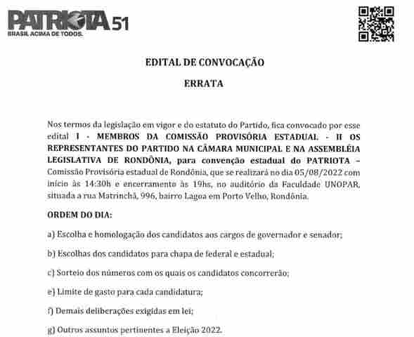 Patriota - Comissão Provisória Estadual - Edital de Convenção Estadual - Errata