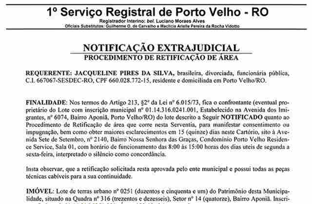 Notificação Extrajudicial - Procedimento de Retificação de Área - Requerente: Jacqueline Pires da Silva