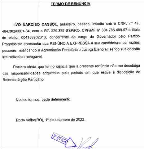 Renúncia da candidatura de Cassol chega ao TRE