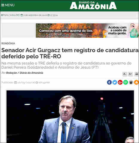 Jornal de Acir Gurgacz divulga fake news e diz que registro foi deferido pelo TRE