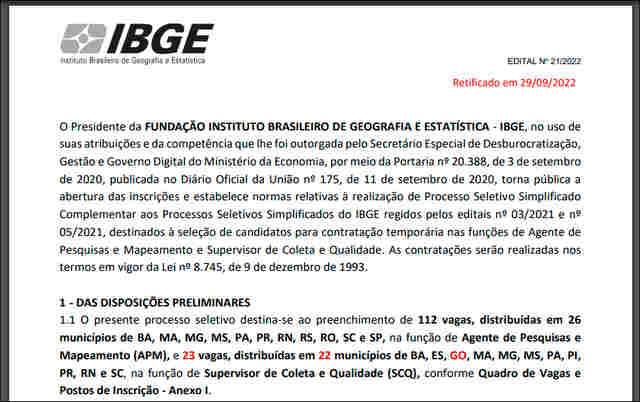 Nível médio: IBGE abre nova seleção com vagas para Rondônia