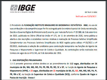 Nível médio: IBGE abre nova seleção com vagas para Rondônia