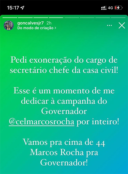 Júnior Gonçalves deixa a Casa Civil para participar da campanha “full time”; primeira-dama também