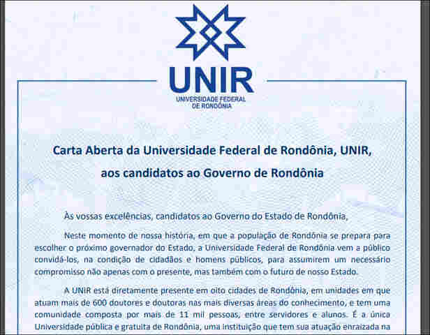 Unir divulga Carta Aberta aos candidatos ao Governo de Rondônia