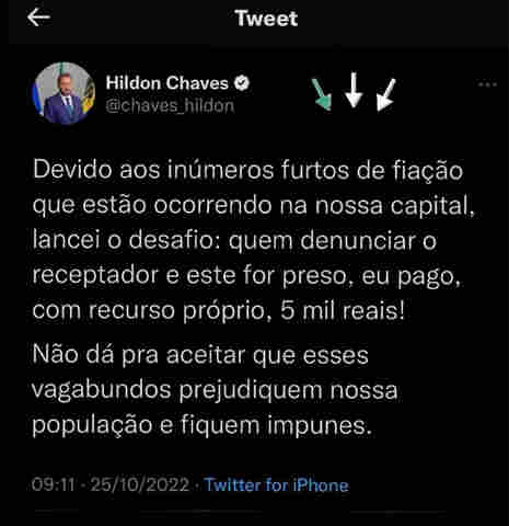 Prefeito da capital oferece recompensa de R$ 5 mil para quem denunciar receptador de fios