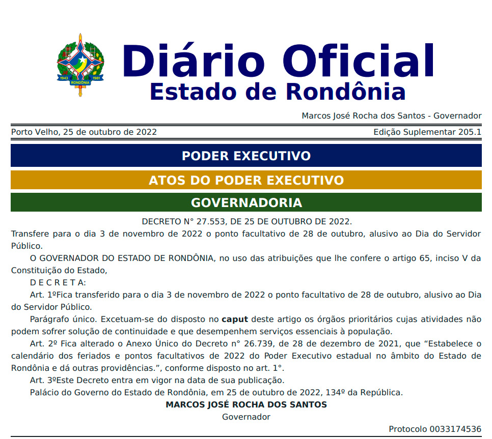 Governo de Rondônia também transfere para dia 3 o ponto facultativo do Dia do Servidor