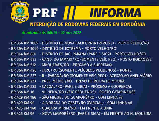 Manifestantes permanecem em 14 pontos de bloqueios nas rodovias em Rondônia