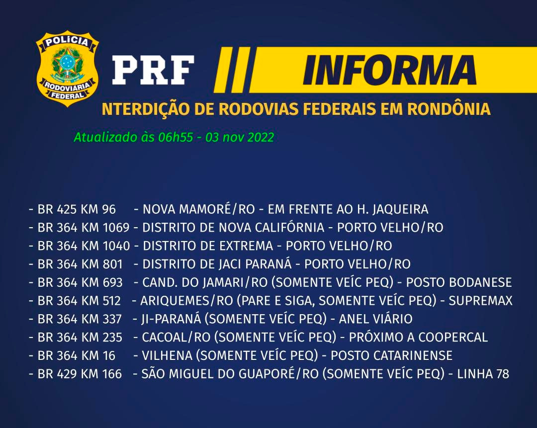 Completando 4 dias de protestos, Rondônia ainda tem 10 bloqueios em rodovias federais