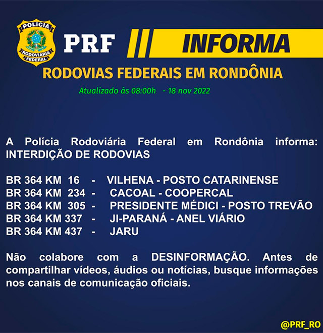 PRF confirma pelo menos cinco bloqueios de rodovias em Rondônia nesta sexta-feira