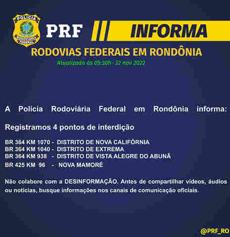 Bloqueios em Rondônia seguem agora só em rodovias no sentido Acre