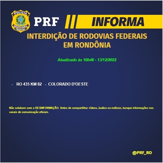 Há apenas um bloqueio de rodovia em Rondônia, diz PRF