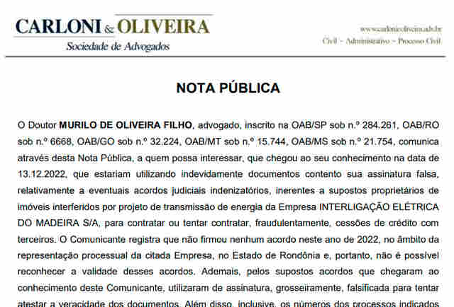 Nota Pública Advogado Murilo de Oliveira Filho