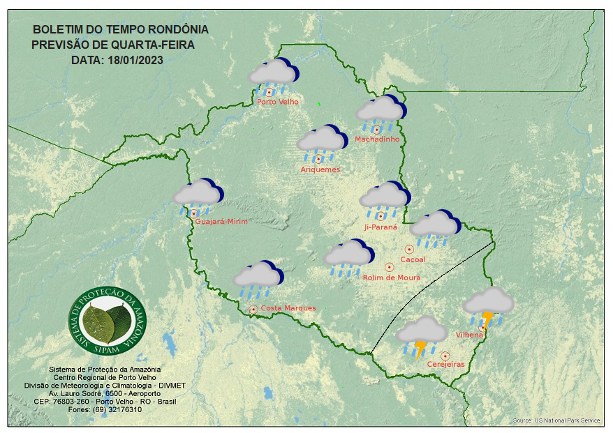Sipam: quarta-feira será chuvosa com possibilidade de grandes volumes em todo o estado