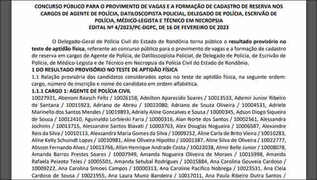 Sai o resultado do teste de aptidão física do concurso para agente, datiloscopista, delegado, escrivão, médico-legista e técnico em necropsia