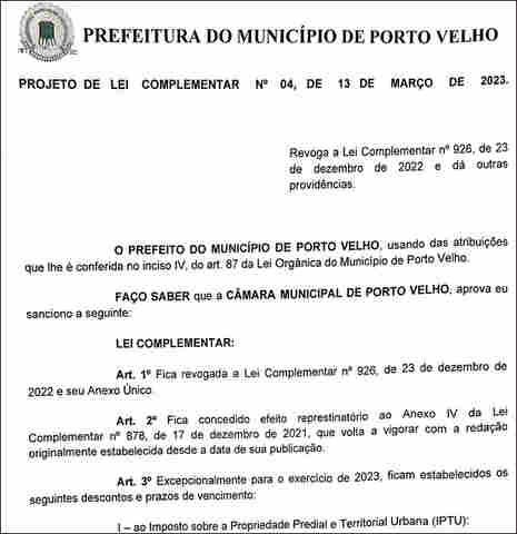 Confirmado projeto da Prefeitura que revoga Lei que aumentou IPTU em Porto Velho; Confira na íntegra