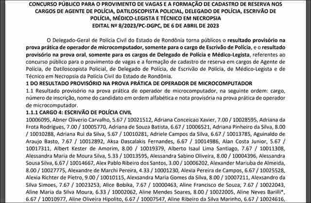 Concurso da Polícia Civil: Confira os resultados provisórios da prova prática para escrivão e da prova oral para delegado e médico-legista