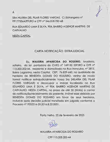 Carta Notificação Extrajudicial de Hilaria Del Pilar Flores Vargar