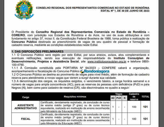 Conselho Regional dos Representantes Comerciais abre concurso com salários de até R$ 3.044,28; veja edital