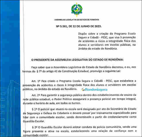 Assembleia promulga Lei que determina a presença de policial em escolas estaduais de Rondônia