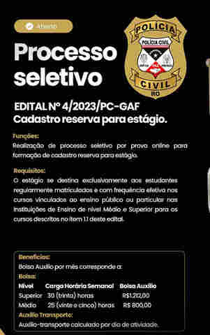 Polícia Civil abre seleção para estágio nos níveis médio e superior; provas podem ser feitas a partir de amanhã