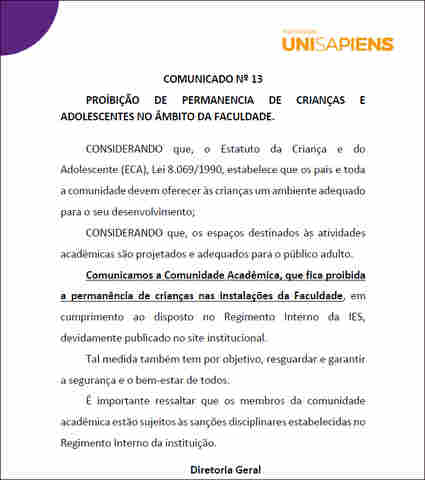 Faculdade Unisapiens proíbe mães acadêmicas de levarem filhos para a instituição